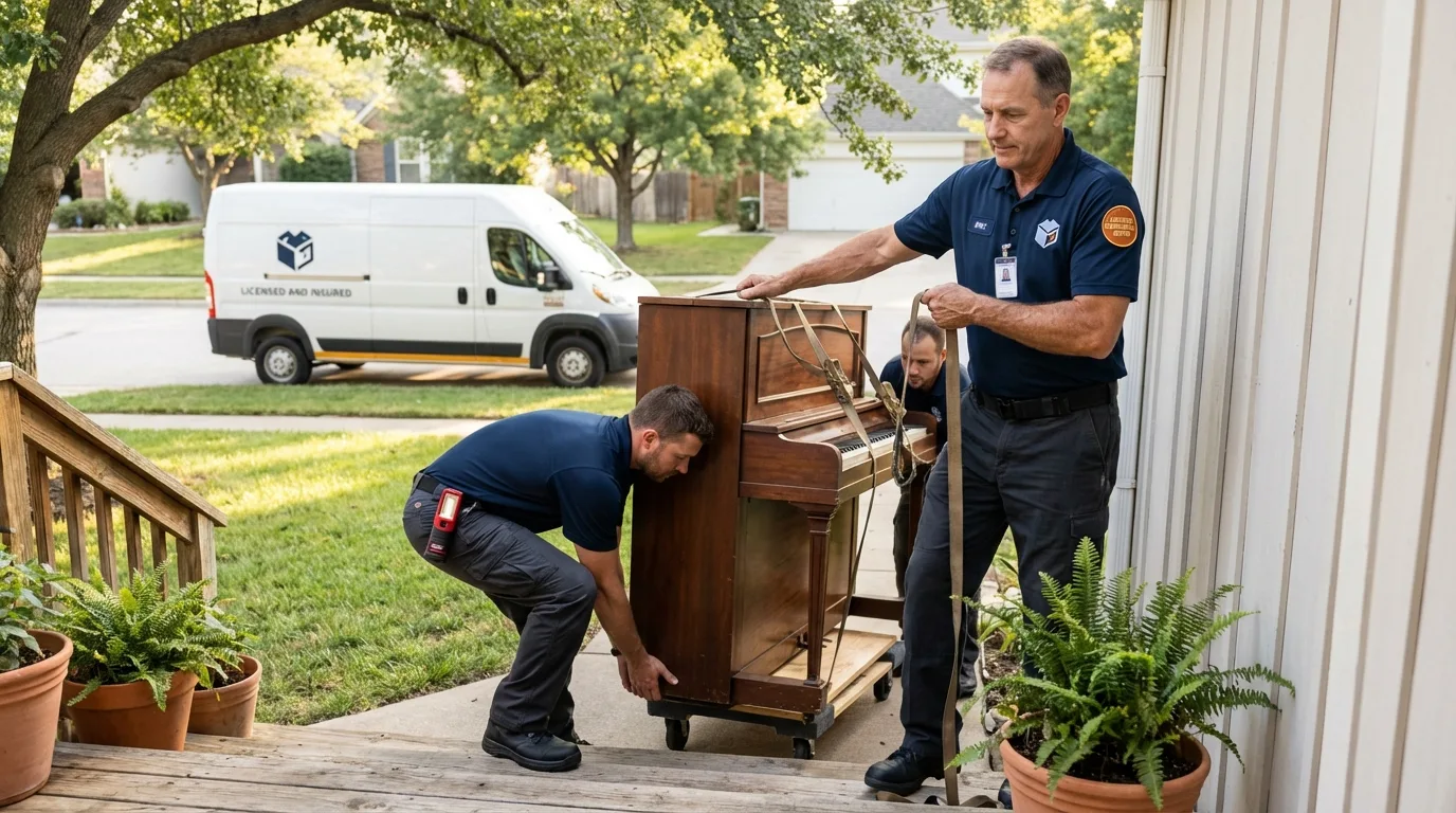 Licensed piano movers securing grand piano in Dundee, OR