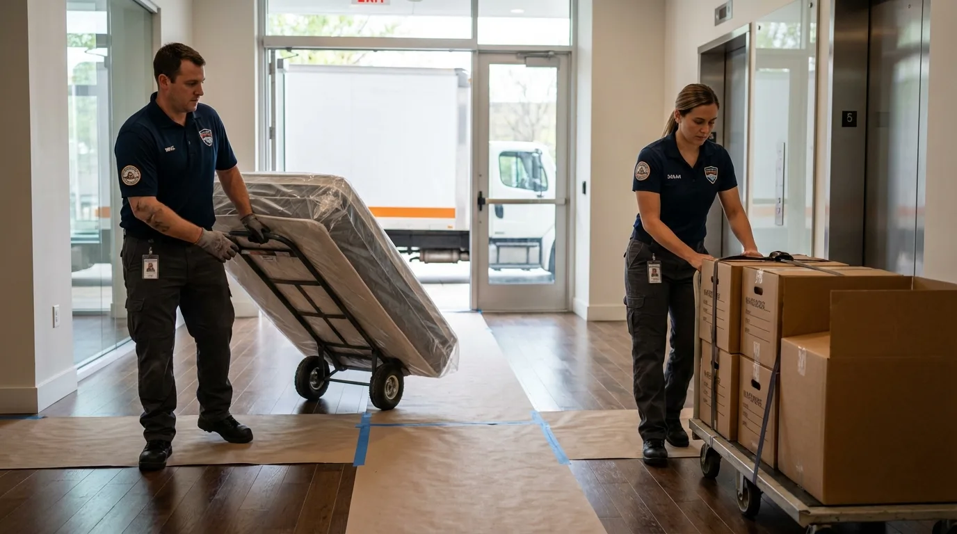 Professional apartment movers loading elevator in Dundee, OR